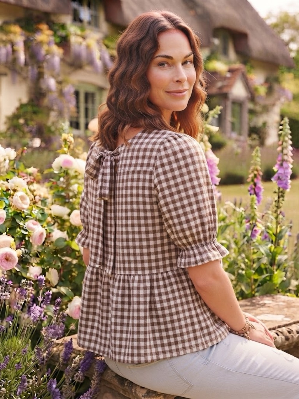 Gingham Tie-Back Babydoll Peplum Top - Brown/White